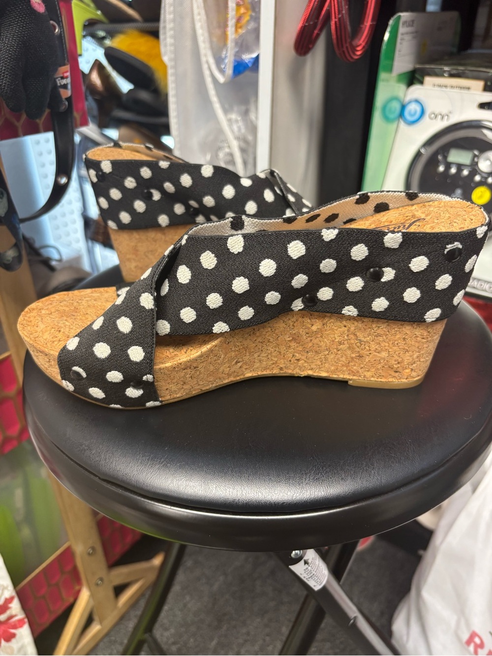 Lucky Brand Black and White Polka Dot Cork Wedge Sandals